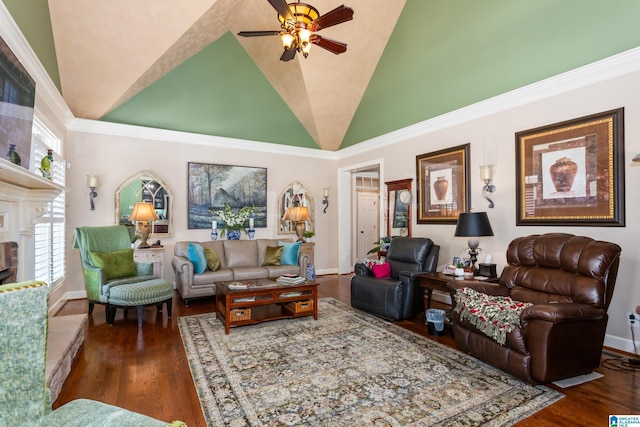 living room featuring a fireplace, dark hardwood / wood-style floors, high vaulted ceiling, and ceiling fan