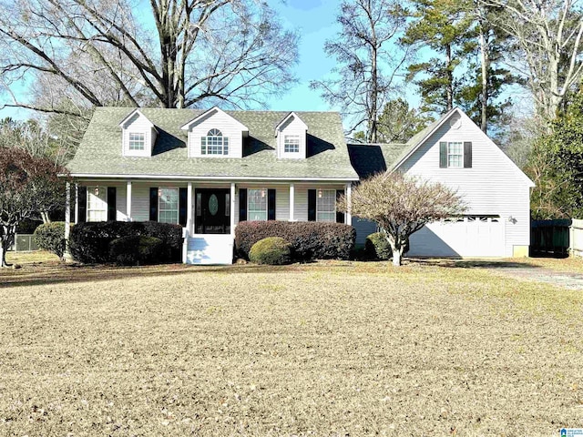 cape cod house with a front yard, a garage, and covered porch