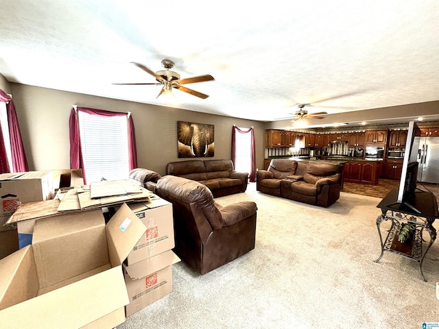 living room with light carpet and a textured ceiling