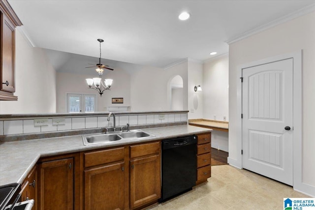 kitchen featuring stove, ceiling fan, crown molding, sink, and black dishwasher