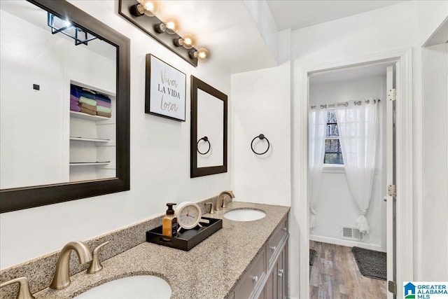 bathroom with vanity and wood-type flooring