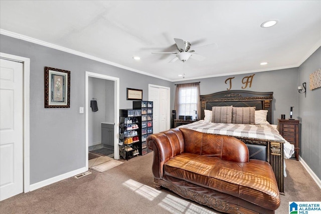 carpeted bedroom with ceiling fan, crown molding, and connected bathroom