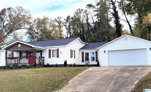 single story home with covered porch, a garage, and a front lawn