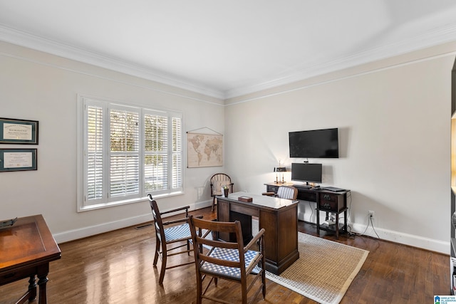 office space with dark hardwood / wood-style flooring and crown molding