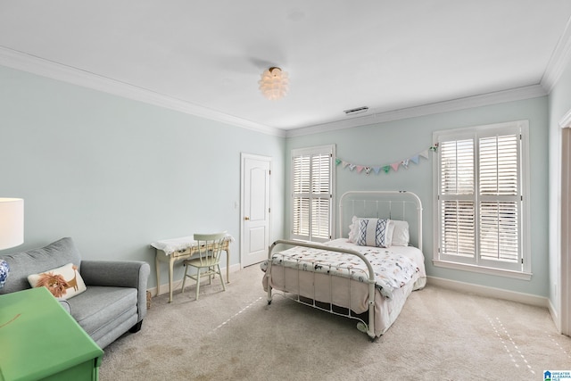 carpeted bedroom featuring ornamental molding