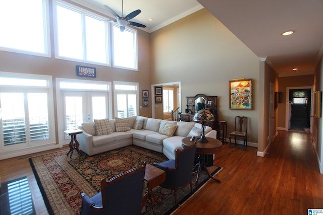 living room featuring ceiling fan, ornamental molding, dark wood-type flooring, and a high ceiling