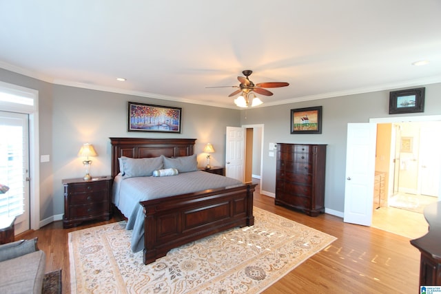 bedroom featuring ceiling fan, light hardwood / wood-style floors, and ornamental molding