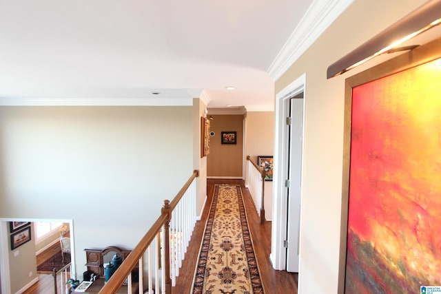 hall featuring dark wood-type flooring and ornamental molding