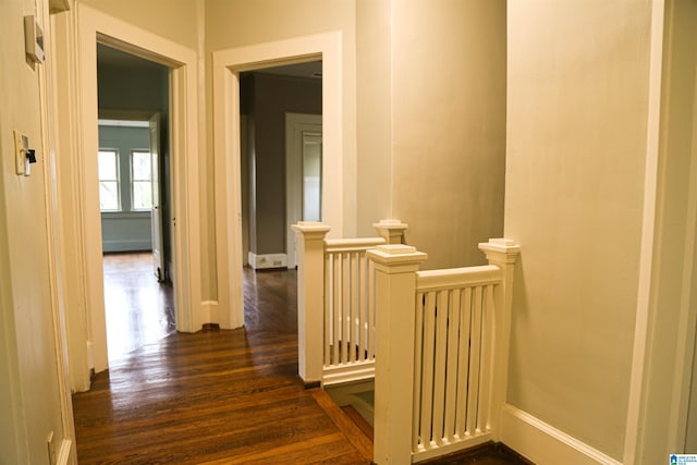 hallway with dark hardwood / wood-style flooring