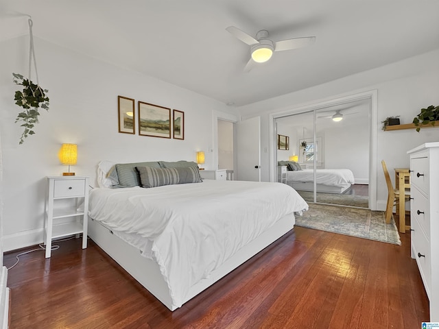 bedroom with a closet, ceiling fan, and dark hardwood / wood-style flooring