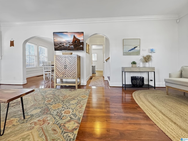 living room featuring dark hardwood / wood-style floors and crown molding