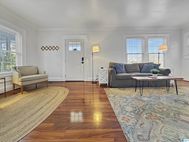 living room with dark hardwood / wood-style floors, a healthy amount of sunlight, and crown molding