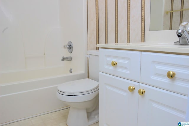 full bathroom with toilet, tub / shower combination, and vanity