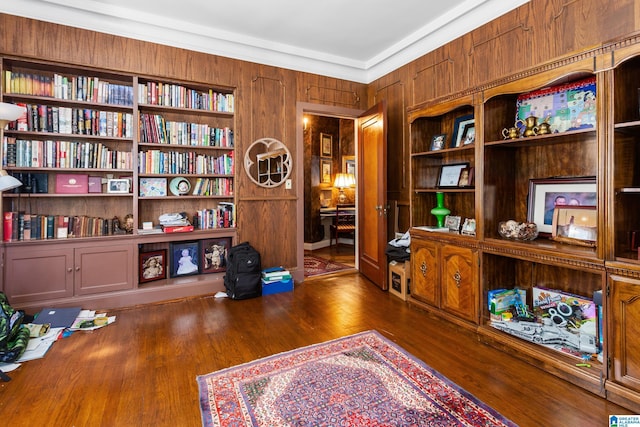 interior space with built in features and dark hardwood / wood-style floors