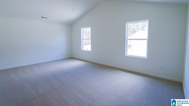 carpeted spare room with a wealth of natural light and lofted ceiling