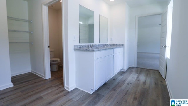 bathroom with toilet, vanity, and hardwood / wood-style flooring