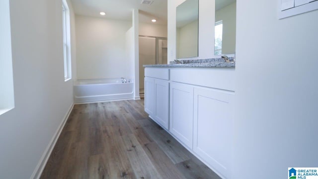 bathroom featuring plus walk in shower, wood-type flooring, and vanity