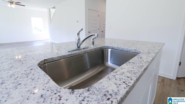 room details with light stone countertops, wood-type flooring, ceiling fan, and sink