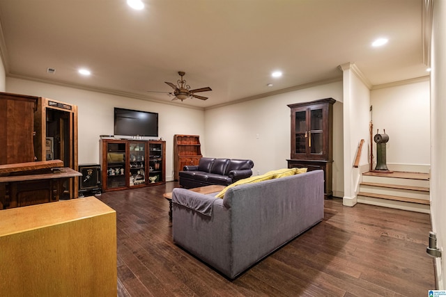 living room with dark wood-type flooring, ceiling fan, and ornamental molding