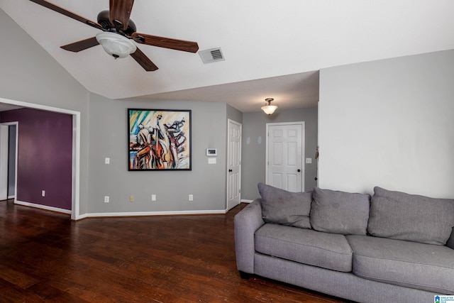 living room with dark wood-type flooring, lofted ceiling, and ceiling fan