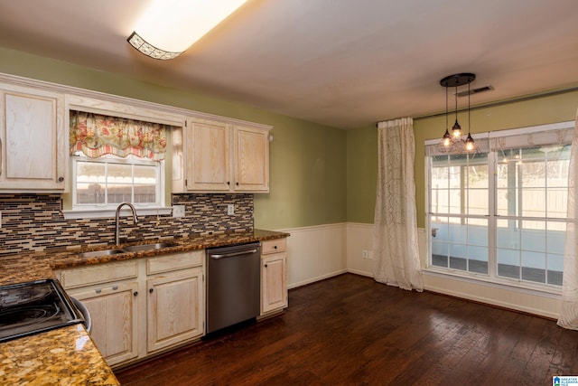 kitchen with plenty of natural light, backsplash, decorative light fixtures, stainless steel dishwasher, and sink