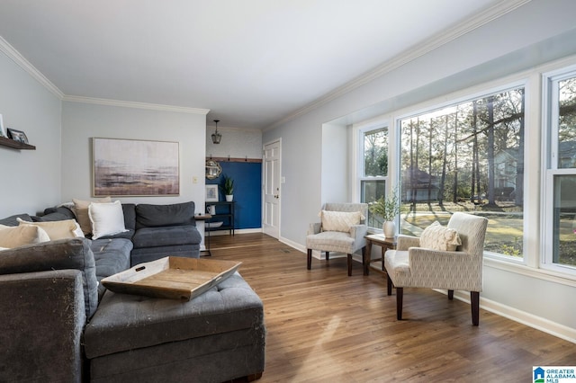 living room featuring wood-type flooring and ornamental molding