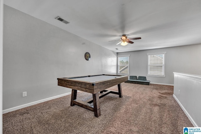 rec room with carpet flooring, ceiling fan, and pool table