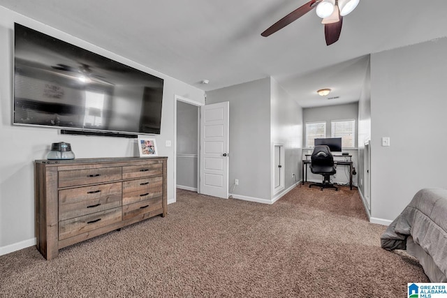 bedroom with dark carpet and ceiling fan