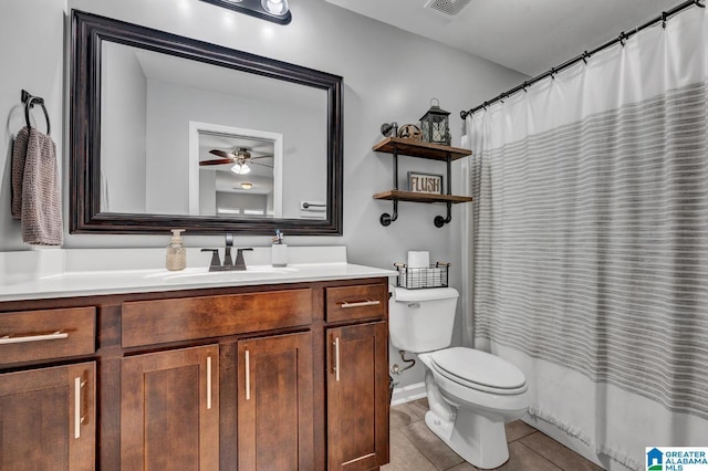 bathroom with ceiling fan, walk in shower, tile patterned flooring, toilet, and vanity