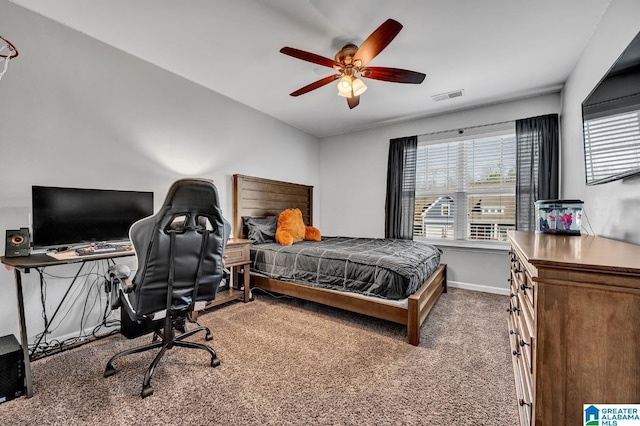 bedroom featuring carpet and ceiling fan