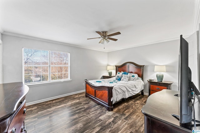 bedroom featuring ceiling fan, dark wood-type flooring, and ornamental molding