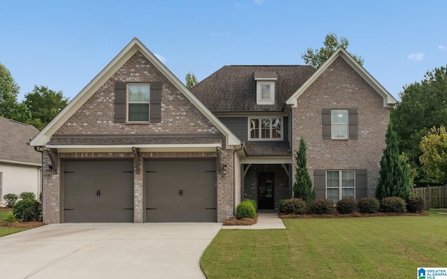 view of front of home with a front yard and a garage