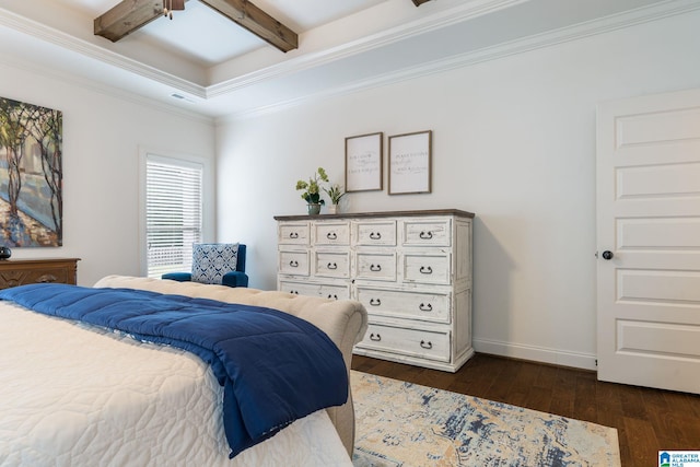 bedroom featuring beamed ceiling and dark hardwood / wood-style flooring