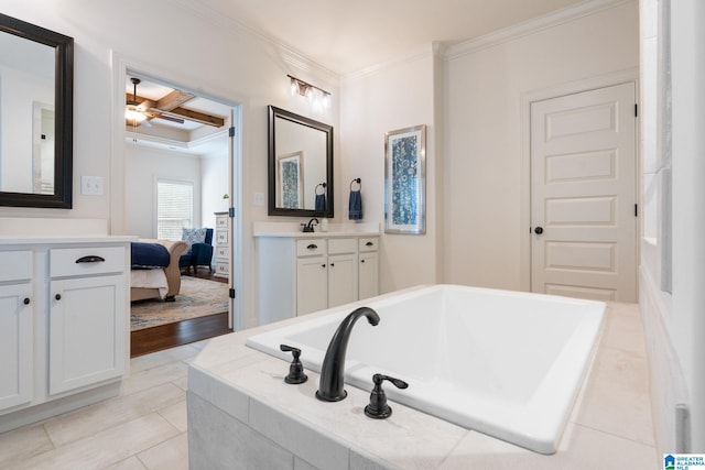 bathroom with ceiling fan, coffered ceiling, tile patterned floors, vanity, and ornamental molding