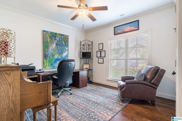 home office with ceiling fan, dark hardwood / wood-style flooring, and ornamental molding