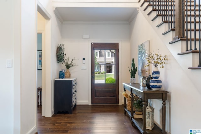 entryway featuring crown molding and dark hardwood / wood-style flooring