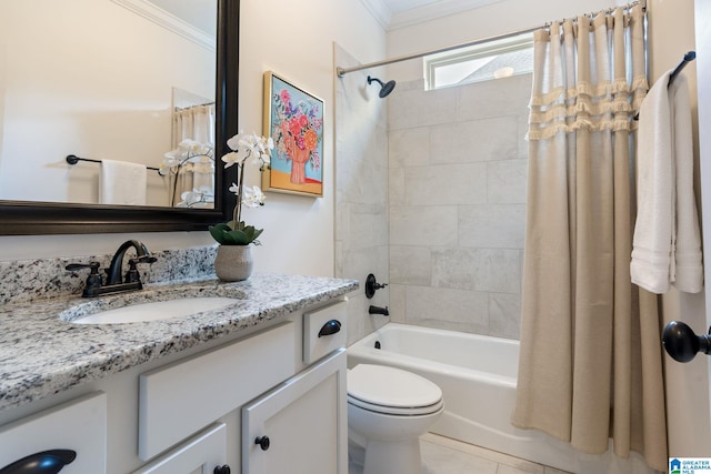 full bathroom featuring shower / bath combination with curtain, vanity, toilet, and crown molding