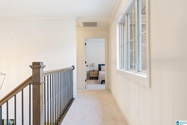 hallway with crown molding and light carpet