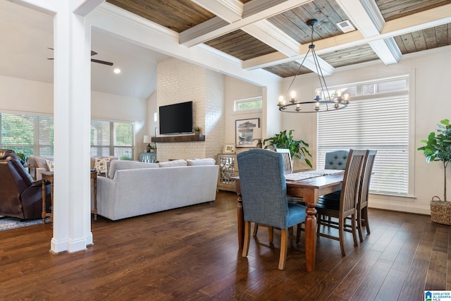 dining room featuring beamed ceiling, dark hardwood / wood-style floors, wood ceiling, and ceiling fan with notable chandelier