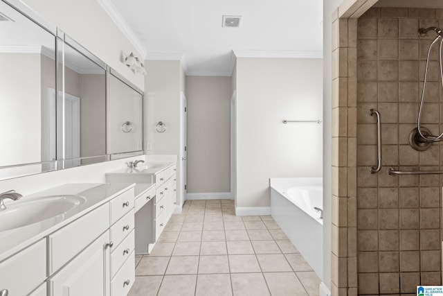 bathroom featuring tile patterned floors, vanity, ornamental molding, and plus walk in shower