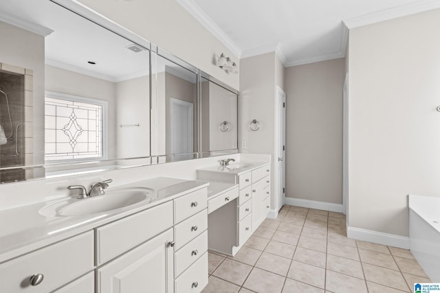 bathroom with tile patterned floors, a tub to relax in, vanity, and ornamental molding