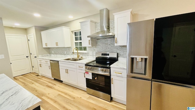 kitchen with appliances with stainless steel finishes, backsplash, wall chimney exhaust hood, sink, and white cabinets