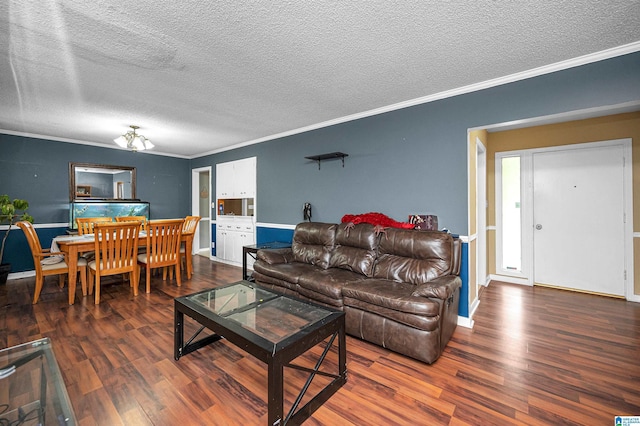 living room with crown molding, dark hardwood / wood-style flooring, and a textured ceiling