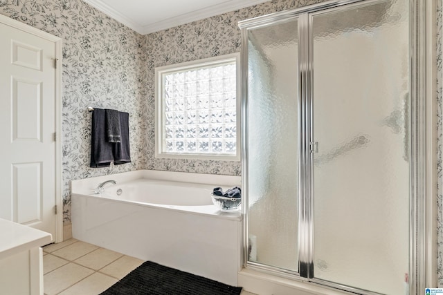 bathroom with tile patterned flooring, crown molding, and independent shower and bath