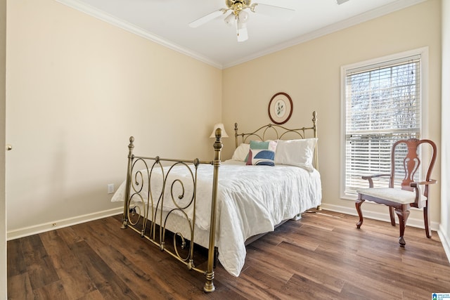 bedroom with ornamental molding, ceiling fan, and dark hardwood / wood-style flooring