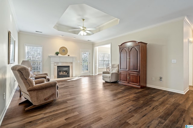 sitting room featuring ornamental molding, dark wood-type flooring, a raised ceiling, and plenty of natural light