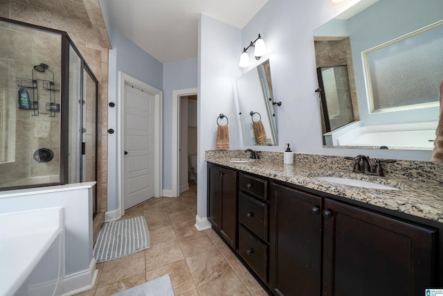 full bathroom with tile patterned flooring, vanity, toilet, and plus walk in shower