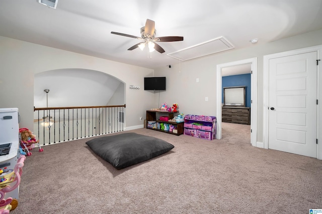 playroom with ceiling fan and carpet floors