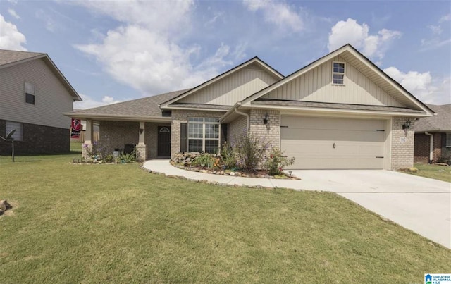 craftsman inspired home featuring a front yard and a garage