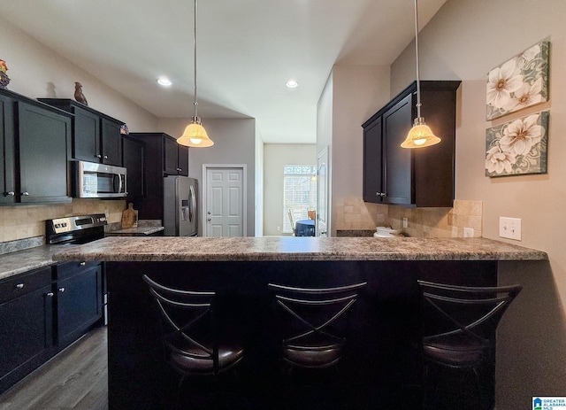 kitchen featuring hardwood / wood-style flooring, decorative light fixtures, appliances with stainless steel finishes, and tasteful backsplash